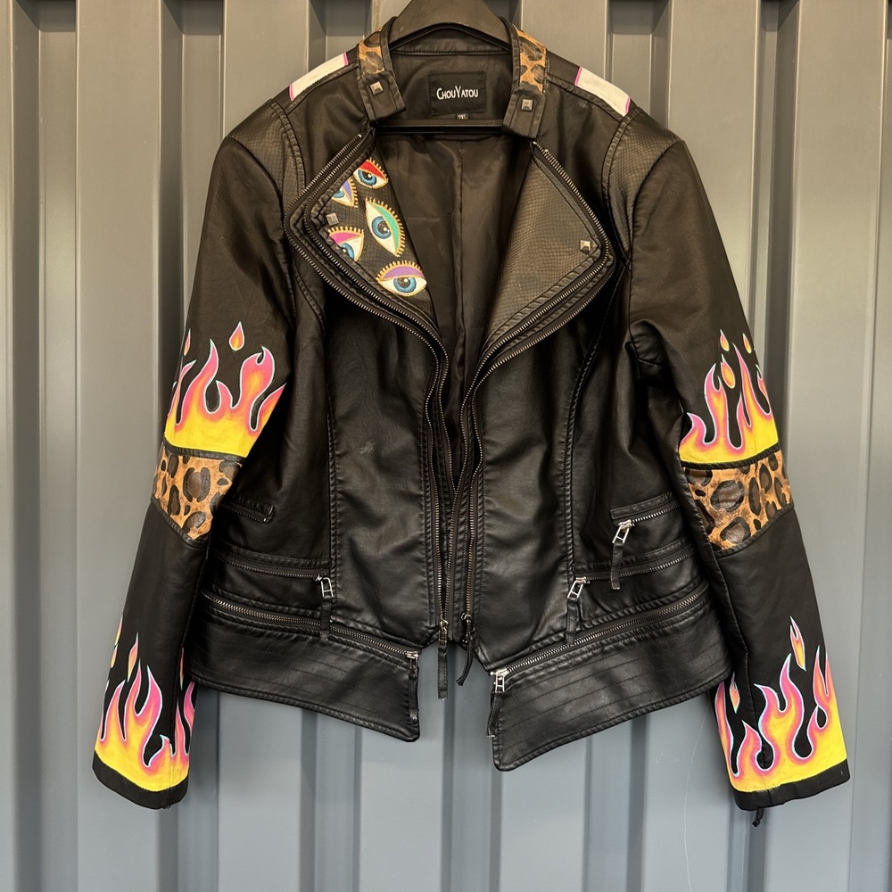 Chouyatou Women's Studded Faux Leather Biker Jacket Custom Paint Size 2XL